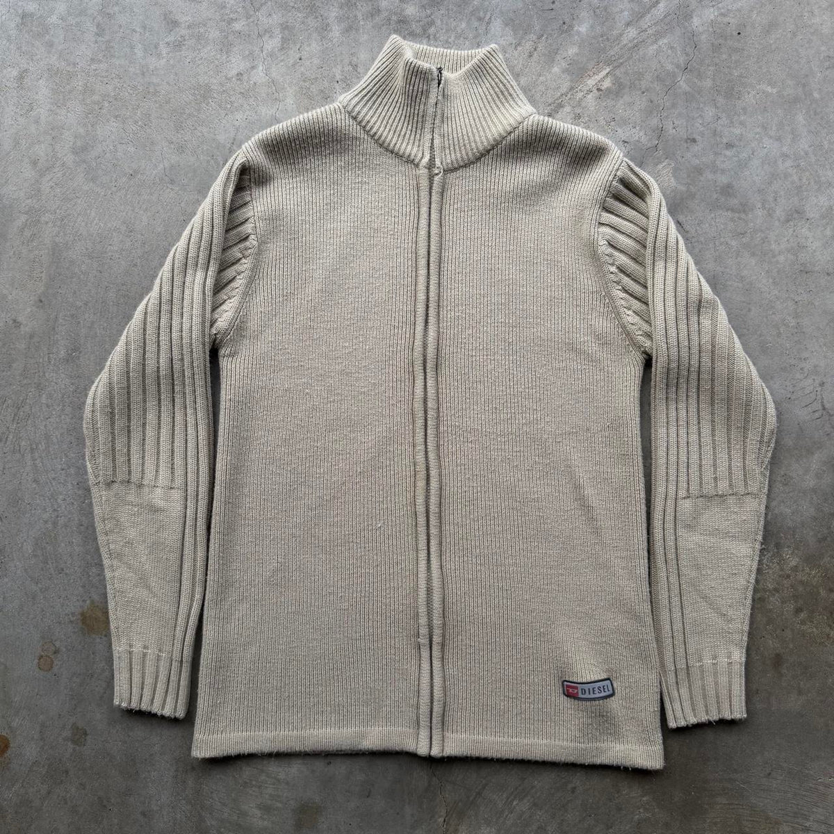Vintage Diesel Beige Ribbed Knit Full-Zip Sweater - M