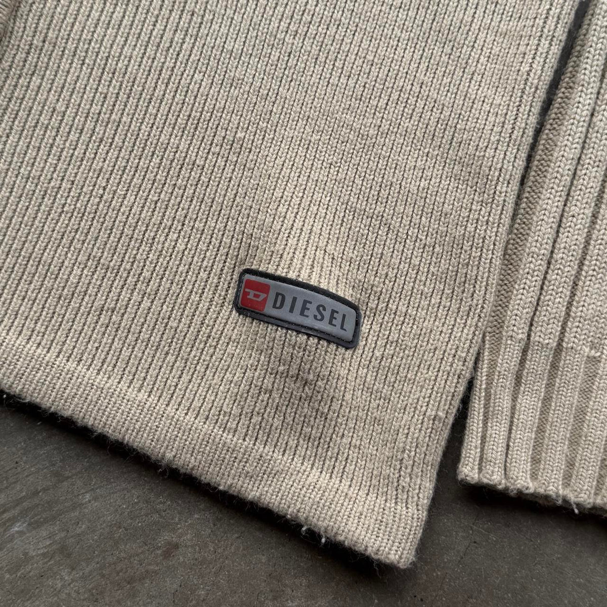 Vintage Diesel Beige Ribbed Knit Full-Zip Sweater - M